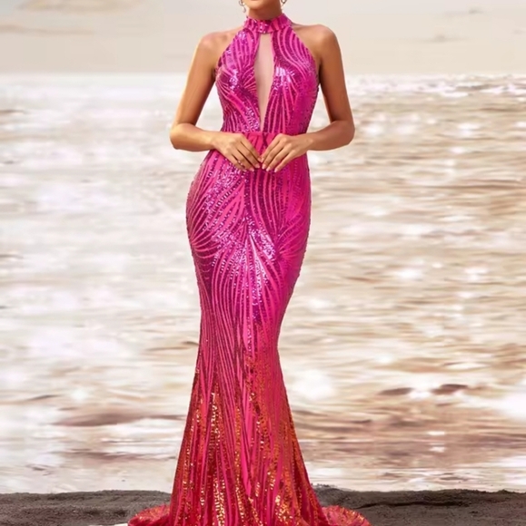 Pink Sequin Backless Halter Gown - Picture 8 of 12